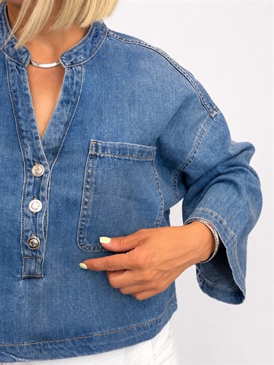701 ZR Hakim Yaka, 3 Düğme, Bel Boy, Denim Bluz