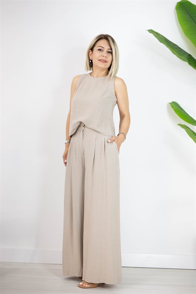 7143 KOLSUZ BLUZ, PİLELİ PALAZZO KETEN TAKIM