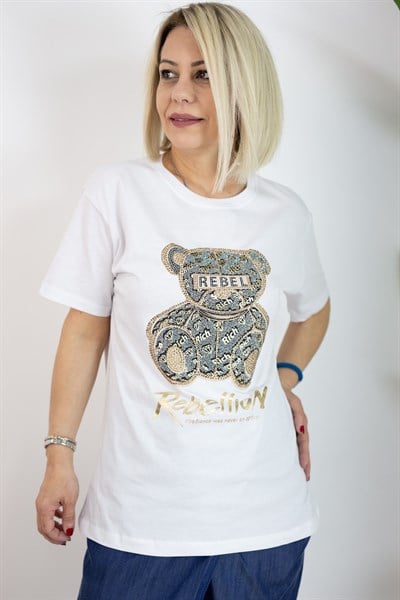 7169 REBELİON BASKILI, AYICIK SİLÜET SIVAMA TAŞLI TSHİRT