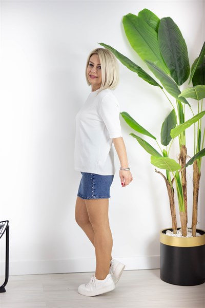 731 BİSİKLET YAKA, ARKA DAMLA DETAY, MERSERİZE BLUZ