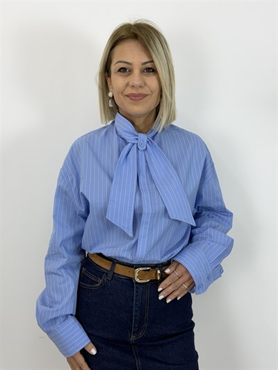 7435 Yaka Kuşaklı, Gizli Patlı, Çizgili, Boyfriend Gömlek