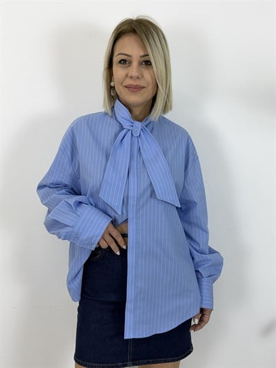 7435 Yaka Kuşaklı, Gizli Patlı, Çizgili, Boyfriend Gömlek