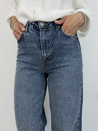 7714-T Taşlı, Wideleg Kalıp Jean Pantolon