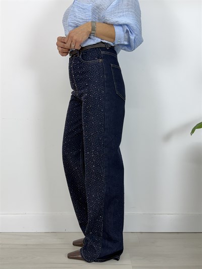 7714-T Taşlı, Wideleg Kalıp Jean Pantolon