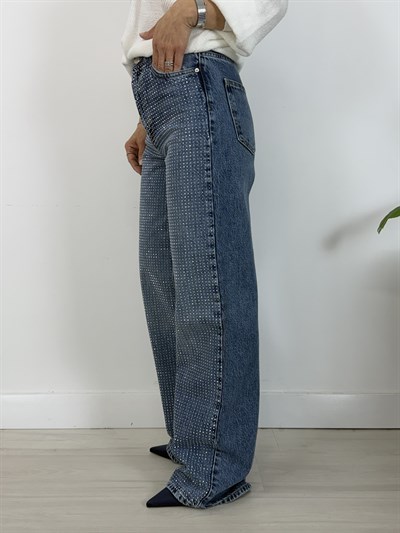7714-T Taşlı, Wideleg Kalıp Jean Pantolon