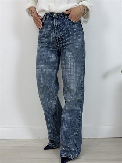 7714-T Taşlı, Wideleg Kalıp Jean Pantolon