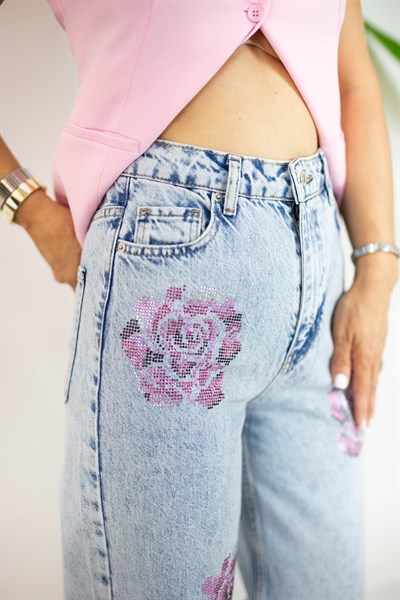 7937 WIDE LEG, SIVAMA GÜL TAŞ DETAYLI JEAN