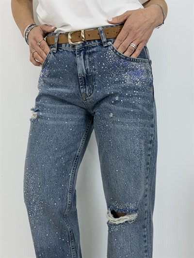 8044 Sıvama Taşlı, Yıpratmalı Jean Pantolon