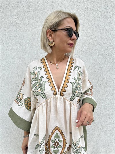 8060 ETNİK DESEN YARASA KOL ELBİSE