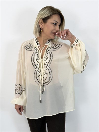 8095 Trok Desenli, Önü Bağcıklı, Şifon Bluz