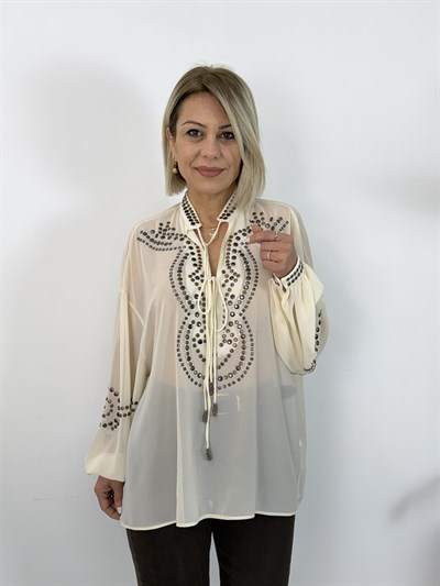 8095 Trok Desenli, Önü Bağcıklı, Şifon Bluz