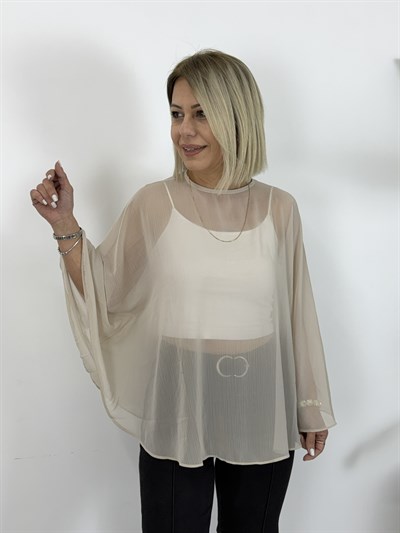 8156 Yarasa Kol, Bisiklet Yaka, Şifon Bluz