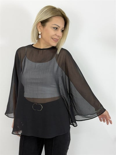 8156 Yarasa Kol, Bisiklet Yaka, Şifon Bluz
