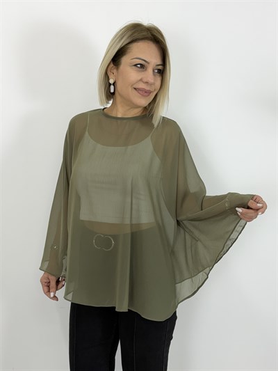 8156 Yarasa Kol, Bisiklet Yaka, Şifon Bluz
