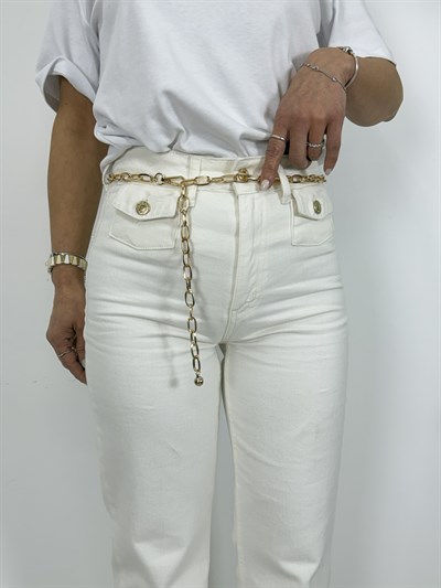 8158 Zincir Kemerli, Ön Mini Cep Detay, Wide Leg Jean