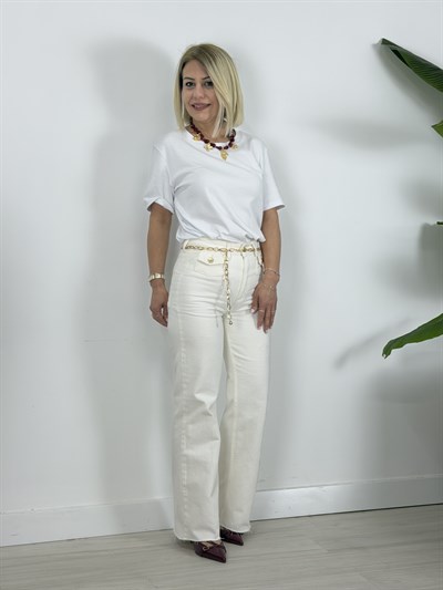 8158 Zincir Kemerli, Ön Mini Cep Detay, Wide Leg Jean
