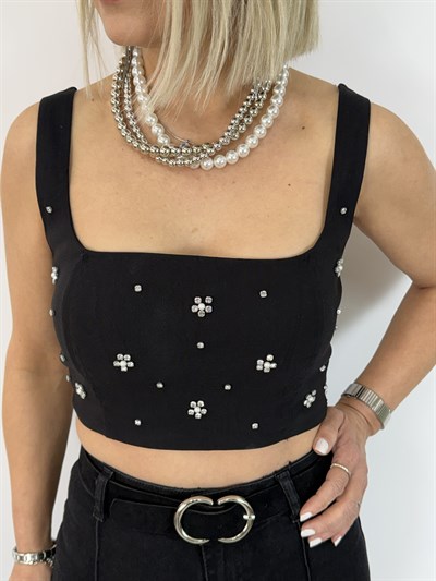 8170 Taşlı Crop Bluz