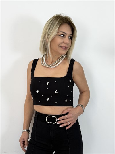 8170 Taşlı Crop Bluz