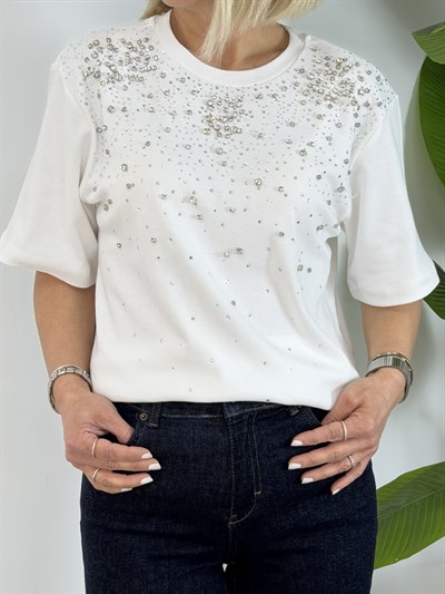 8202 Taş Detaylı, Bisiklet Yaka Tshirt