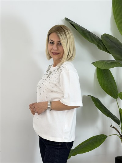8202 Taş Detaylı, Bisiklet Yaka Tshirt