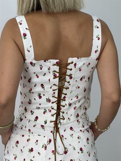 8355 Gül Desenli, Sırt Bağcıklı Crop, Bol Paça Pantolon Takım