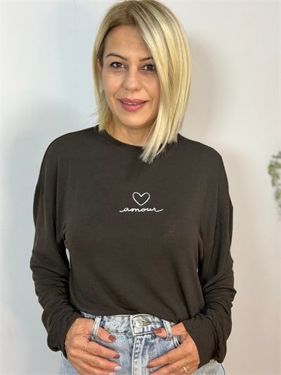 9041 Bisiklet Yaka, Nakışlı, Uzun Kol Bluz