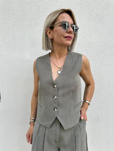 9140 PAMUKLU 3 DÜĞME YELEK ŞORT TAKIM