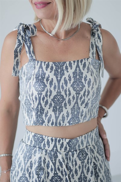 9154 DESENLİ SATEN CROP PANTOLON TAKIM