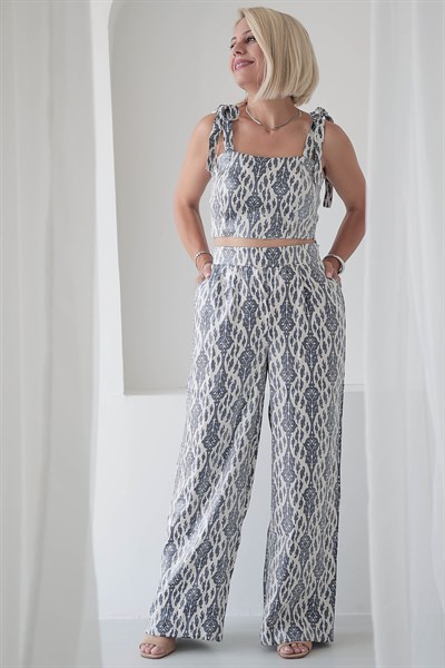 9154 DESENLİ SATEN CROP PANTOLON TAKIM