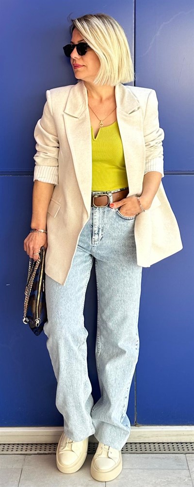 9158 ÇİZGİLİ ASTARLI KETEN BLAZER CEKET