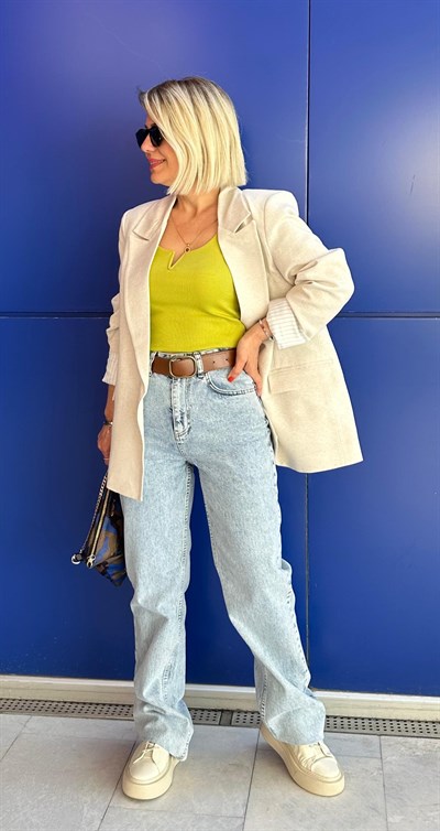 9158 ÇİZGİLİ ASTARLI KETEN BLAZER CEKET