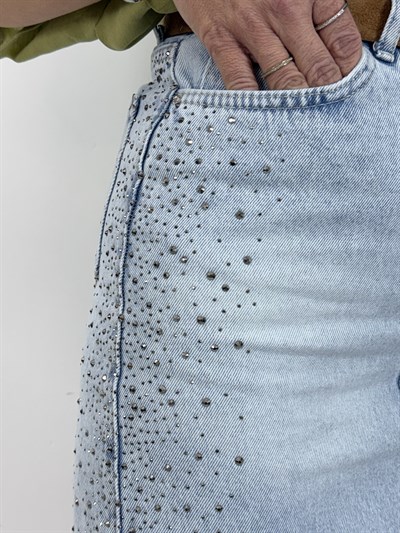 931 Yanları Taşlı, Yıkamalı, Mini Jean Etek
