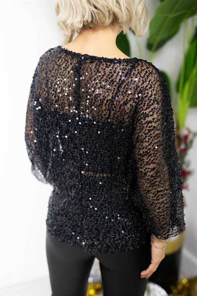 9380 KAYIK YAKA, YARASA KOL, PUL PAYET, FİLE BLUZ