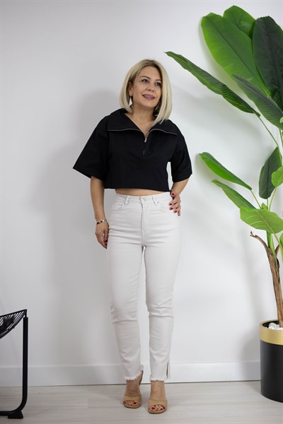 9422 DİK YAKA, FERMUARLI, KISA KOL BLUZ