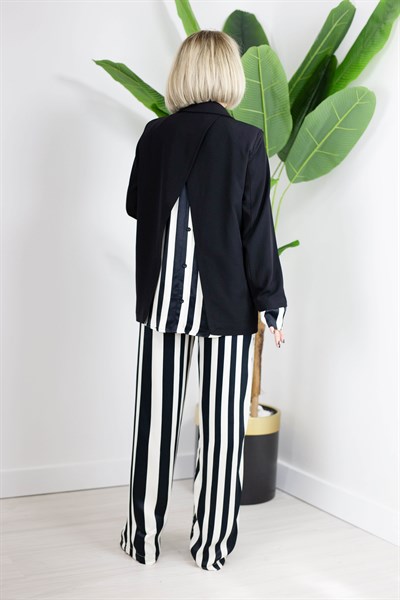 9616 MANŞET VE SIRT SATEN ÇİZGİLİ GÖMLEK GARNİLİ TASARIM BLAZER CEKET