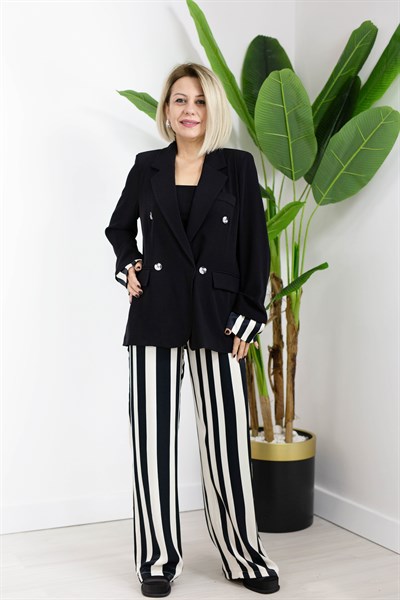 9616 MANŞET VE SIRT SATEN ÇİZGİLİ GÖMLEK GARNİLİ TASARIM BLAZER CEKET