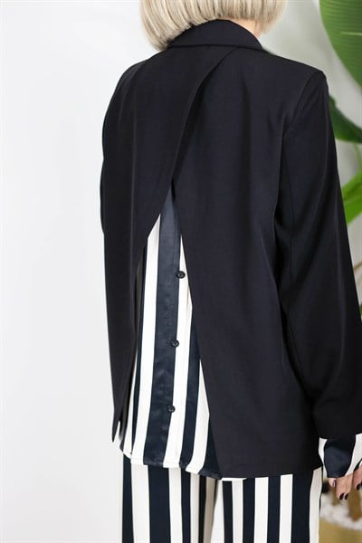 9616 MANŞET VE SIRT SATEN ÇİZGİLİ GÖMLEK GARNİLİ TASARIM BLAZER CEKET