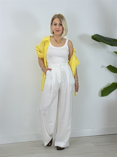 9642 Arka Bel Lastikli, Keten, Bol Paça Pantolon