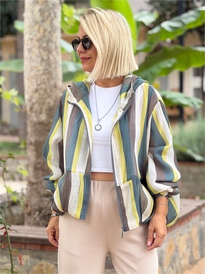 9787 Çizgili, Kapüşonlu, Astarlı, Şifon, Bomber Mont