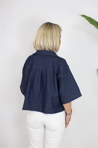 9878 KISA KOL, YAKALI, CEP DETAY, CROP JEAN BLUZ