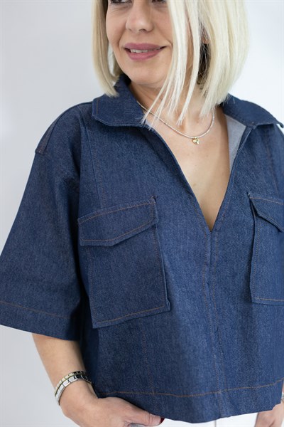 9878 KISA KOL, YAKALI, CEP DETAY, CROP JEAN BLUZ