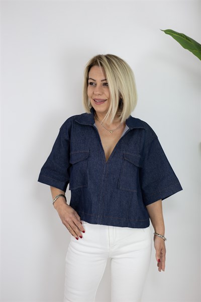9878 KISA KOL, YAKALI, CEP DETAY, CROP JEAN BLUZ