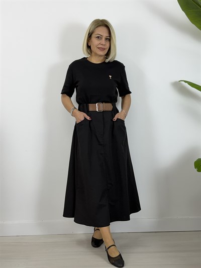 9929 Bel Lastikli ve Kemer Aksesuarlı, Cepli, Poplin Etek