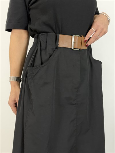 9929 Bel Lastikli ve Kemer Aksesuarlı, Cepli, Poplin Etek