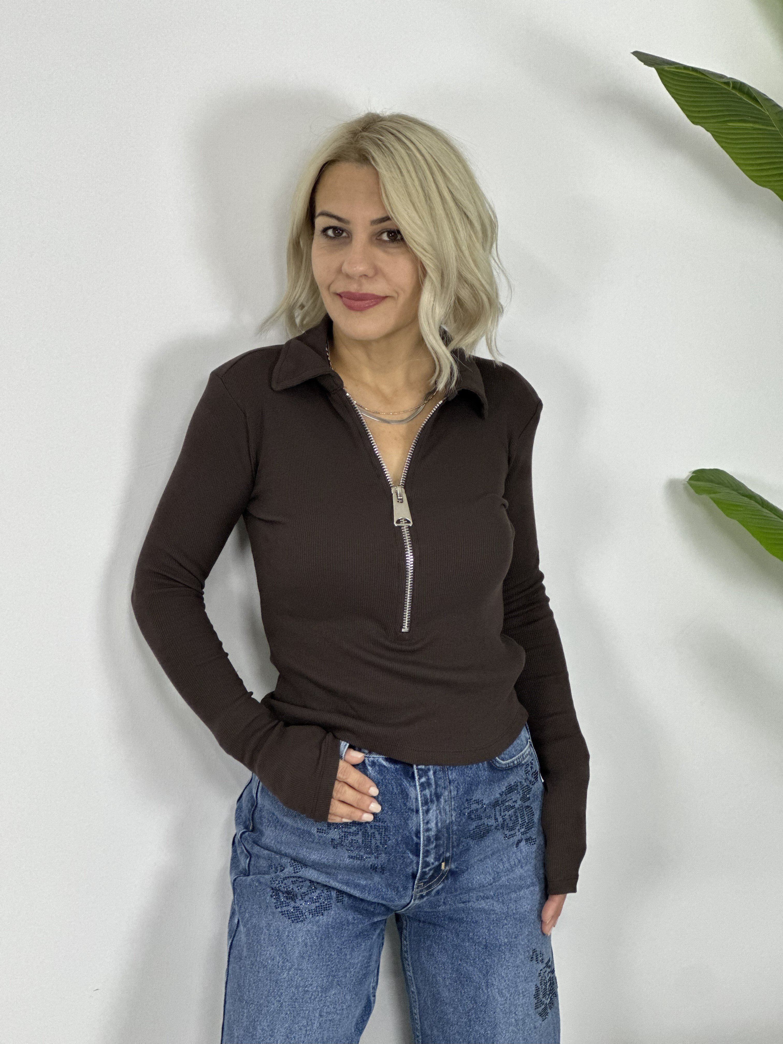 0412 POLO YAKA, FERMUAR DETAY, FİTİLLİ BLUZ