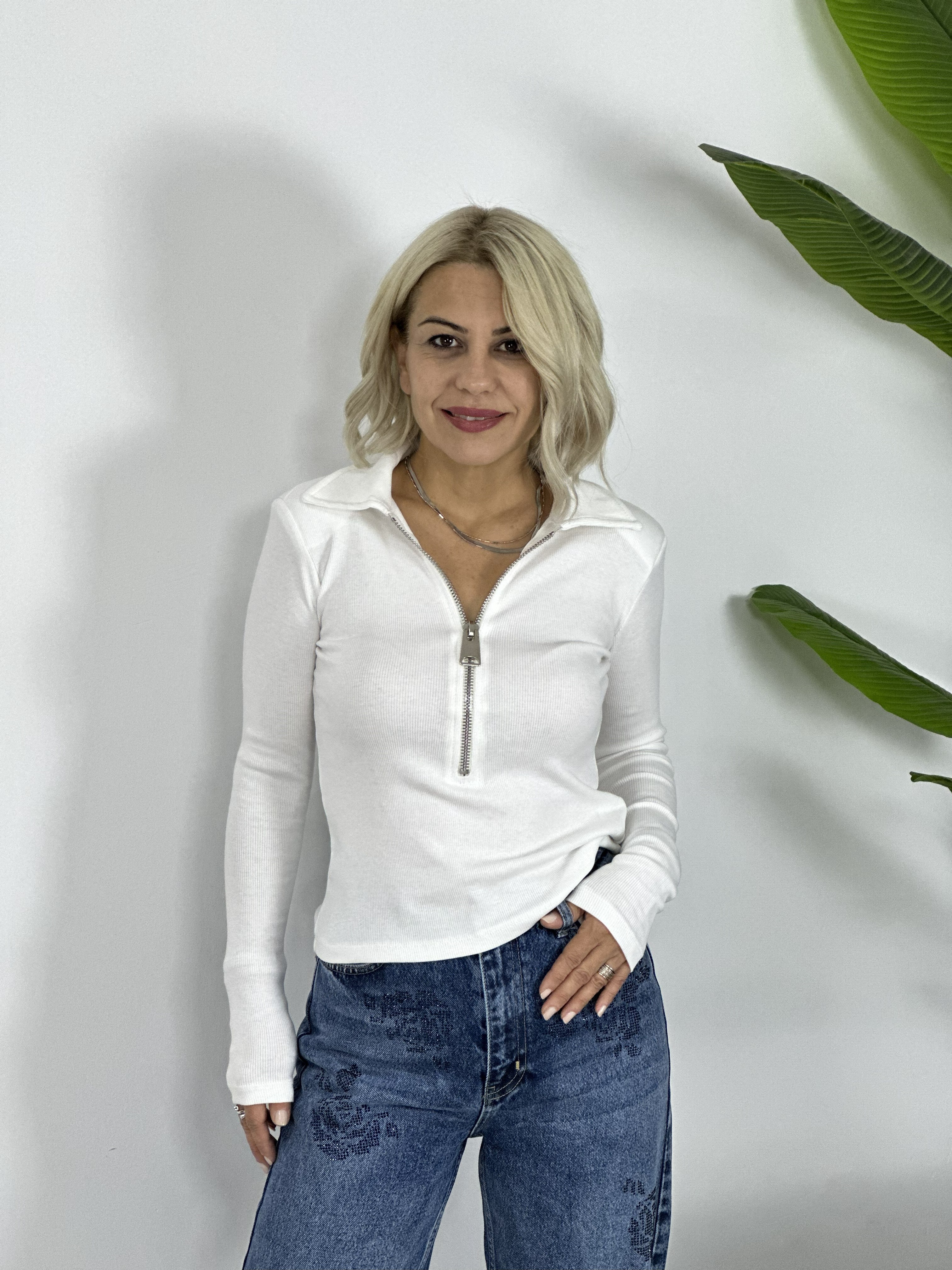 0412 POLO YAKA, FERMUAR DETAY, FİTİLLİ BLUZ