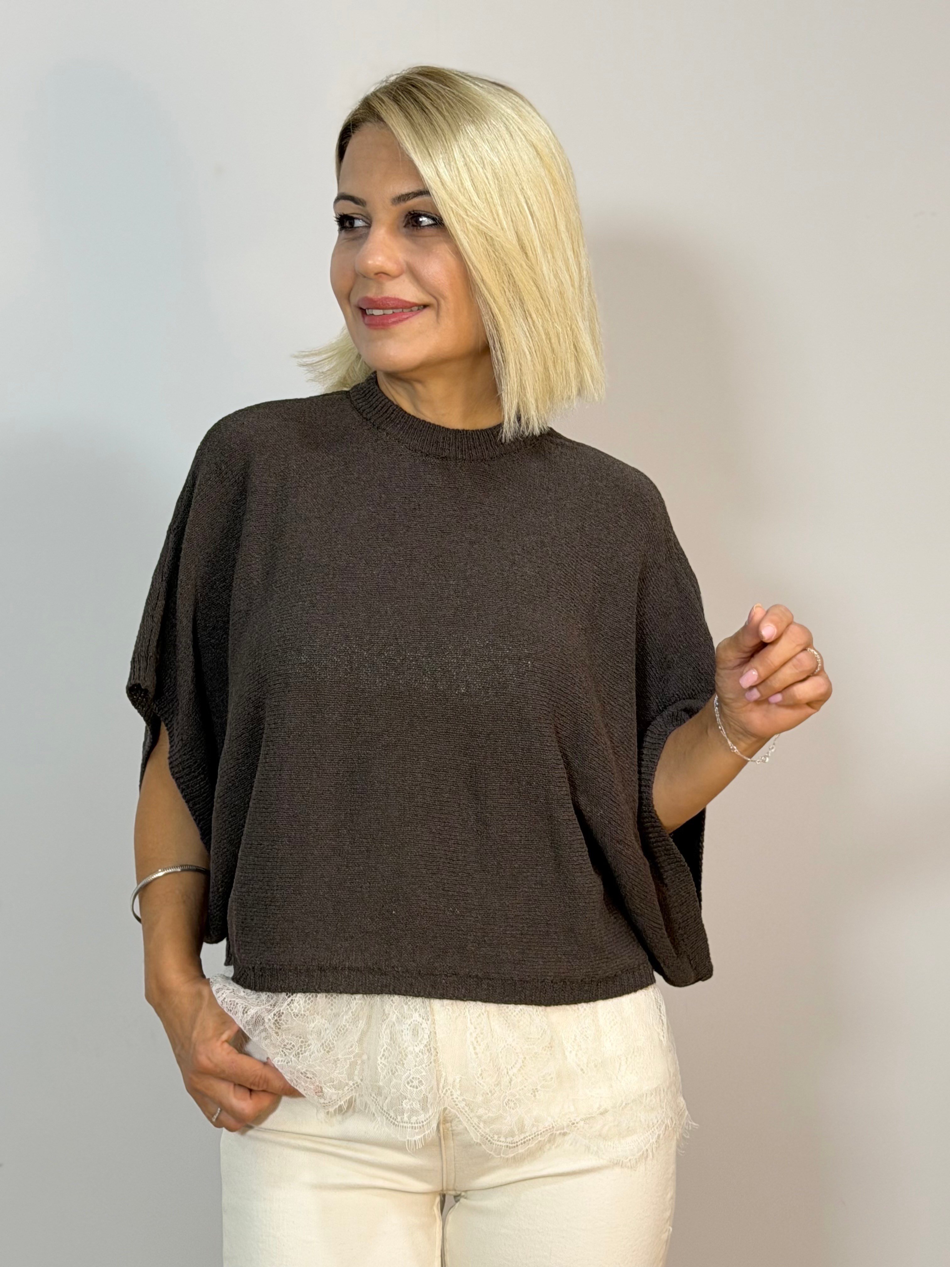 1025 Etek Ucu Dantel Garni, Bisiklet Yaka, Oversize, Merserize Bluz