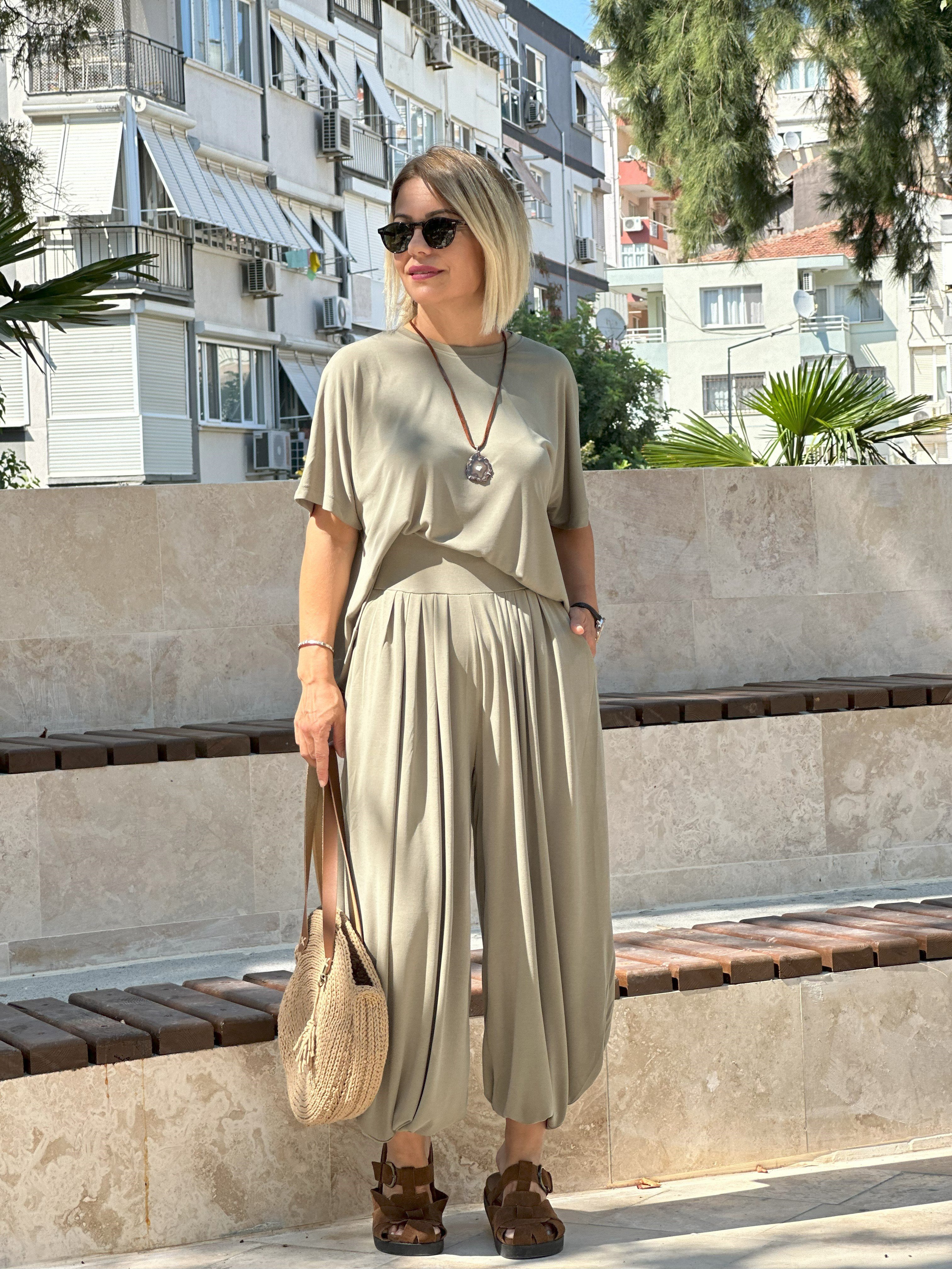 1149 BLUZ LU, GENİŞ BEL KEMER ŞALVAR PANTOLONLU, MODAL TAKIM