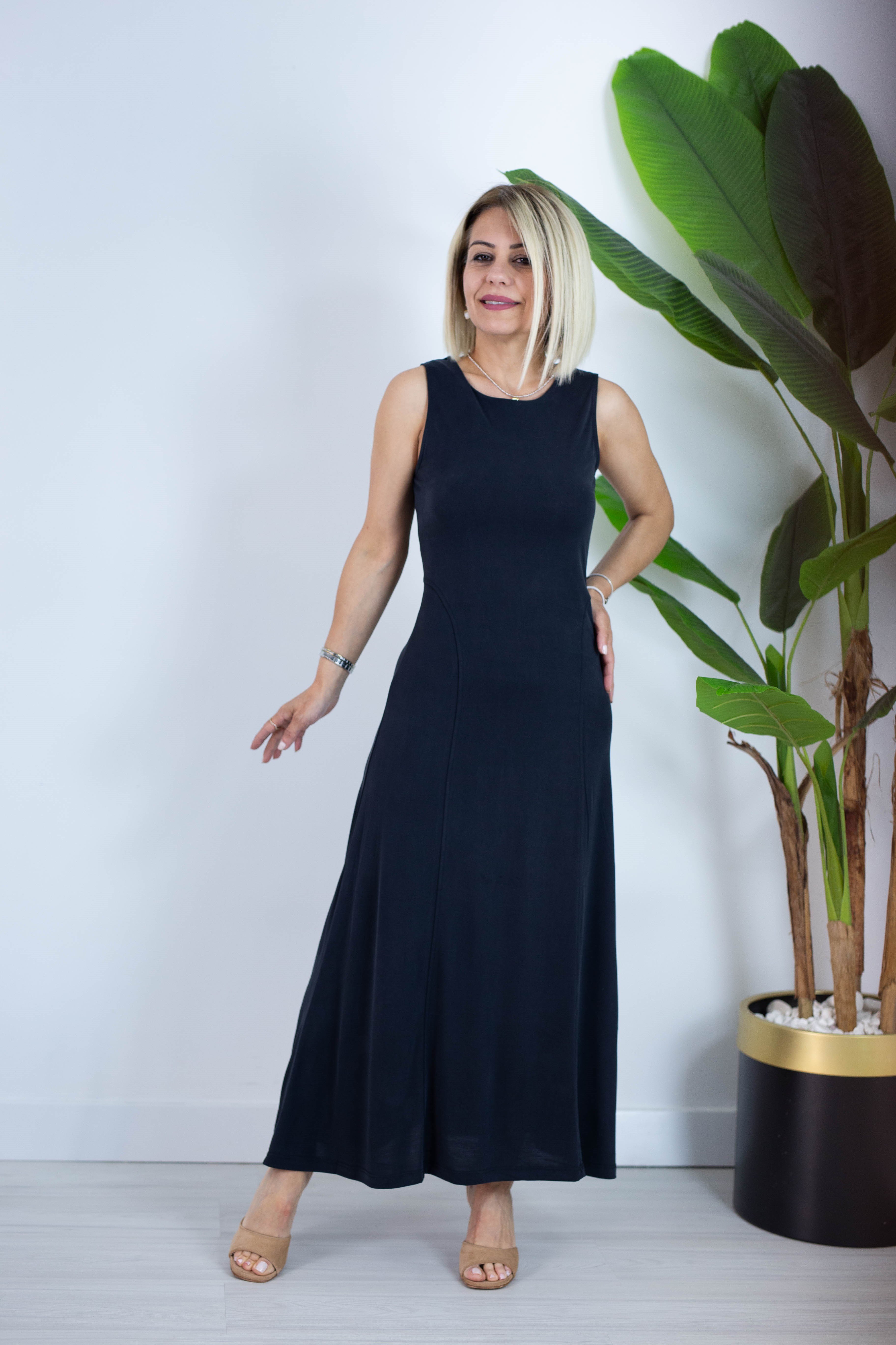 6755 BİSİKLET YAKA, KOLSUZ, PARÇALI, MODAL ELBİSE