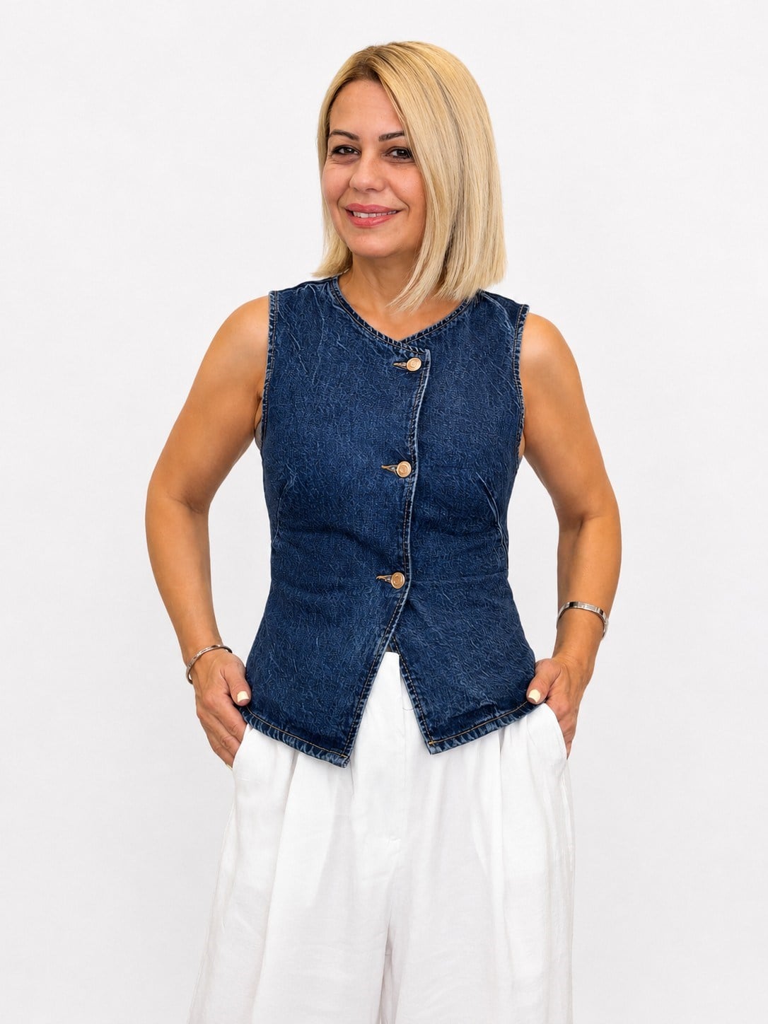 697 ZR Bisiklet Yaka, Göğüs Kulplu, Denim Yelek